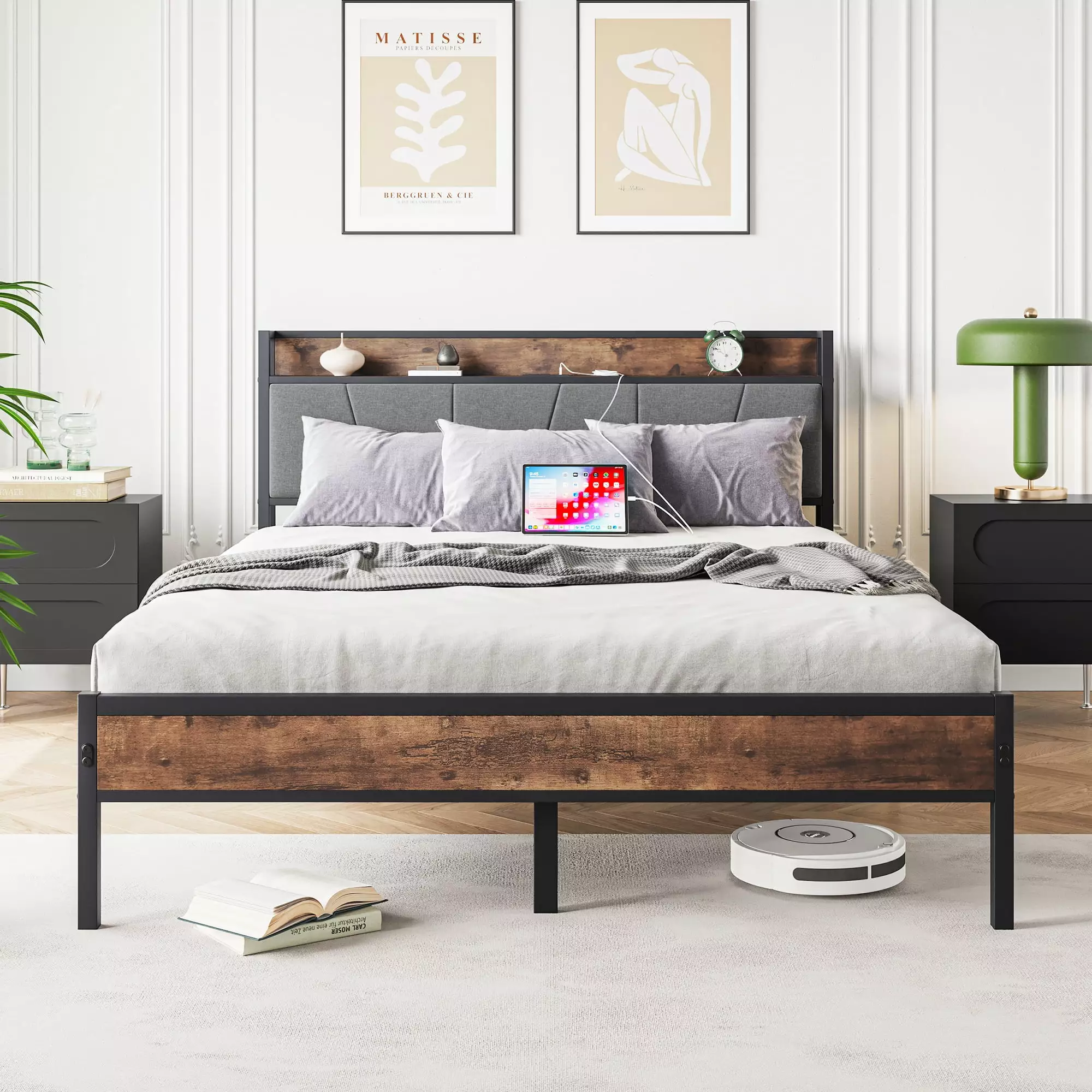 BTMWAY Queen Bed Frame Storage Headboard and Charging Station Heavy Duty Metal Platform Bed No Box Spring Needed Black