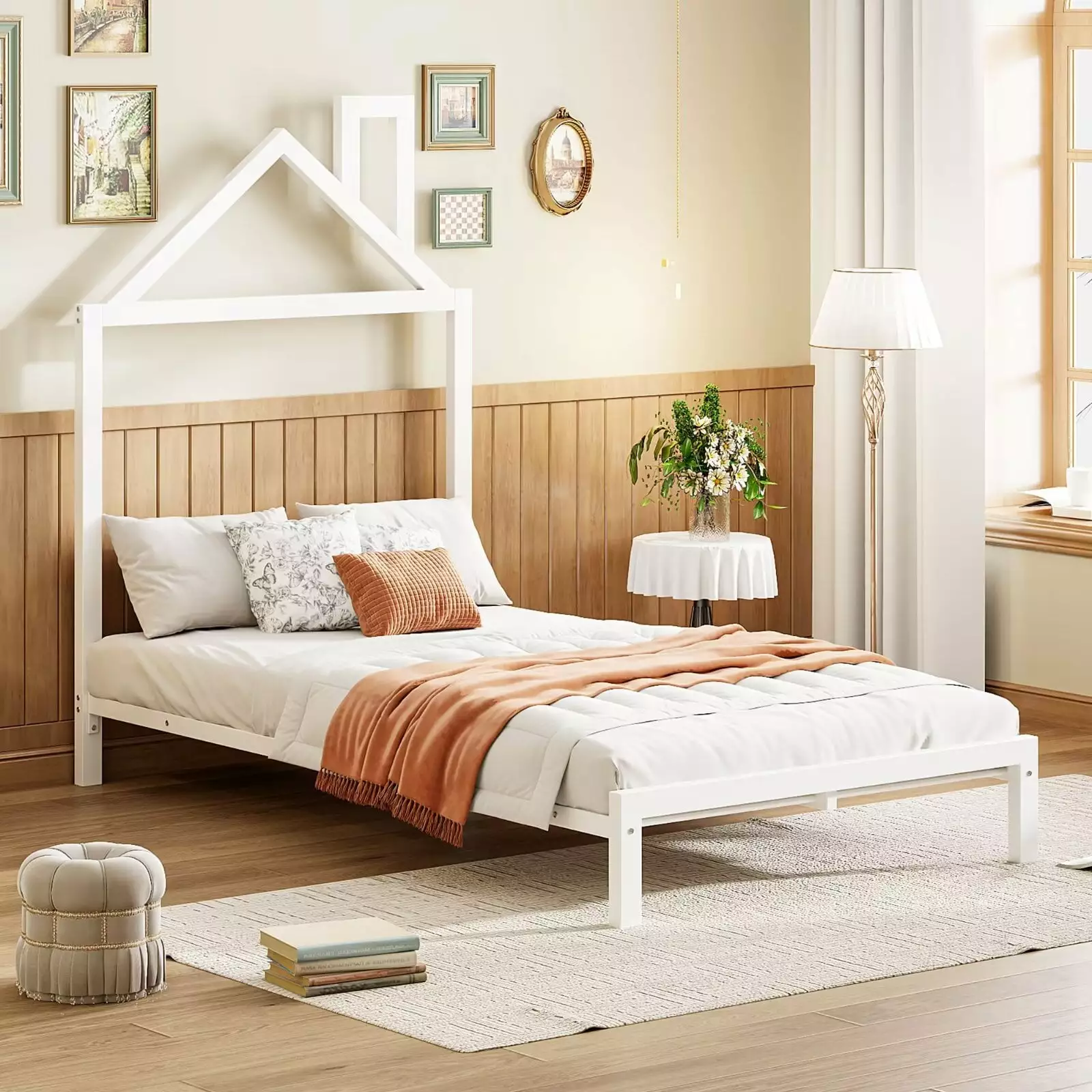 Metal Platform Bed Frame Twin Size Houtilize Headboard Slat Support Noise Free No Box Spring Needed White JAMPOOCA