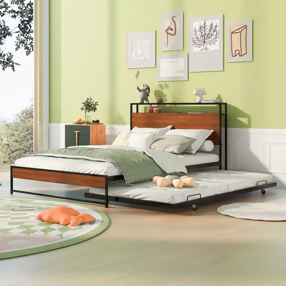 Leumius Full Size Metal Platform Bed Trundle and USB Ports White
