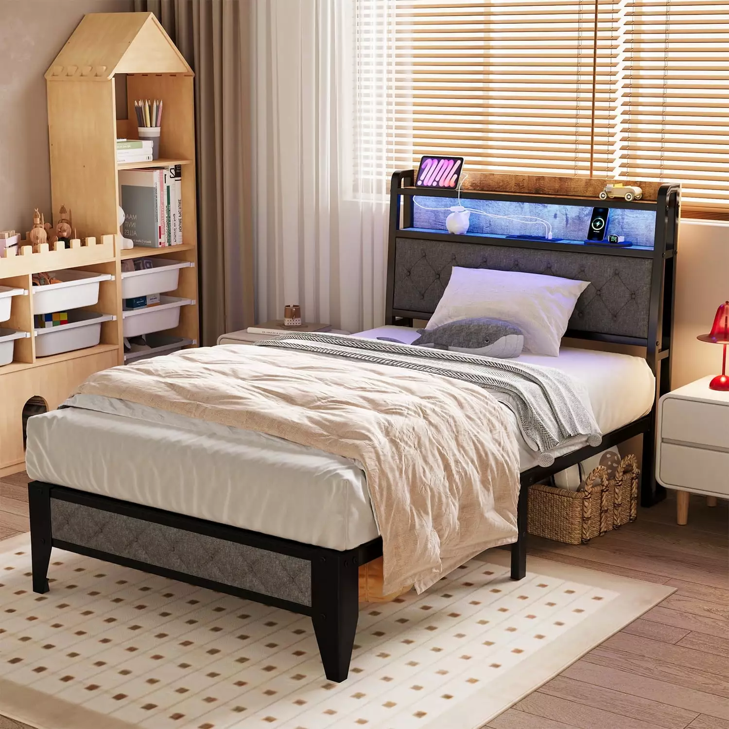 Meteorleg Twin Size Bed Frame Storage Headboard and Charging Station Platform Metal Bed Frame RGB Lights Grey