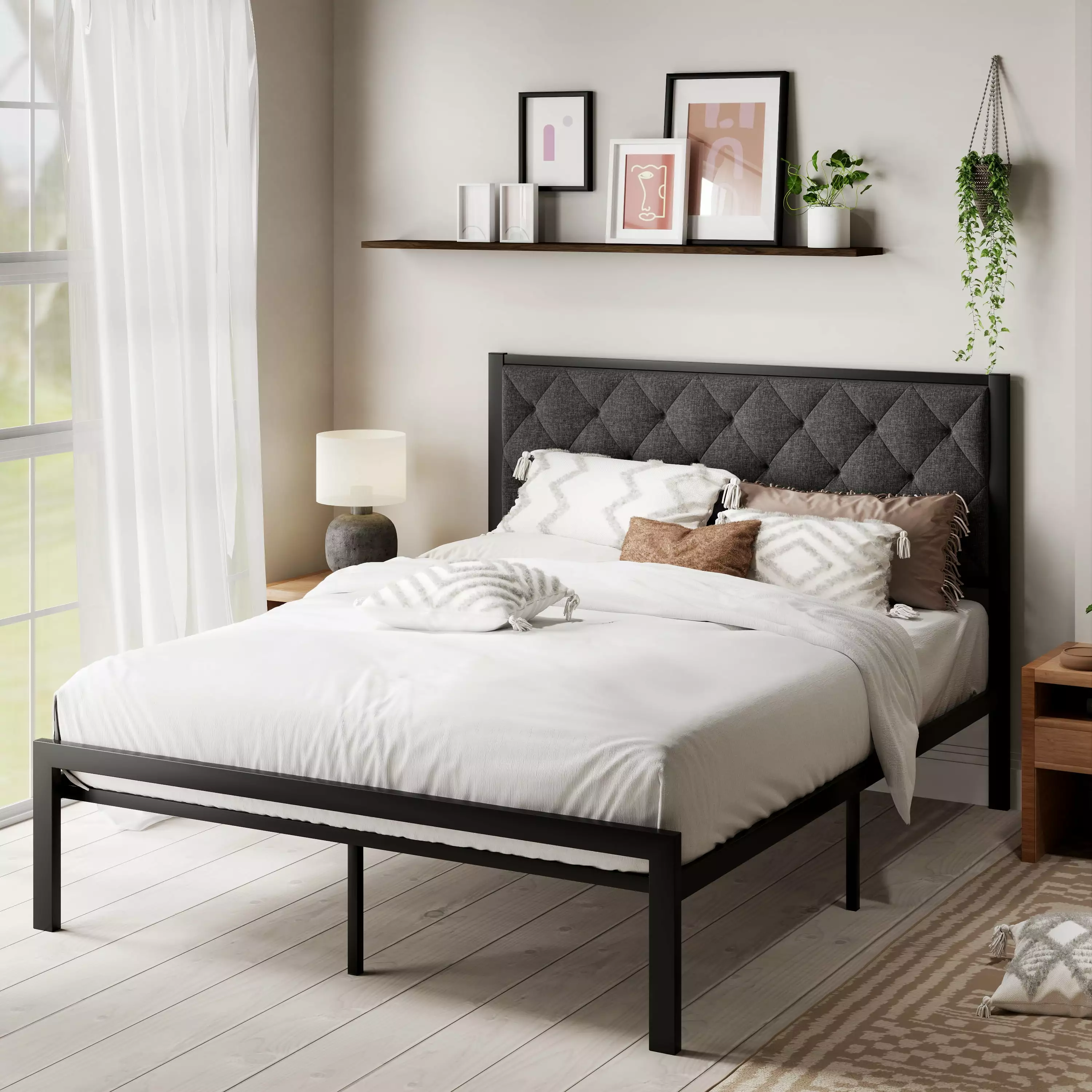 Sha Cerlin Queen Size Metal Platform Bed Frame Tufted Headboard and Underbed Storage Dark Gray