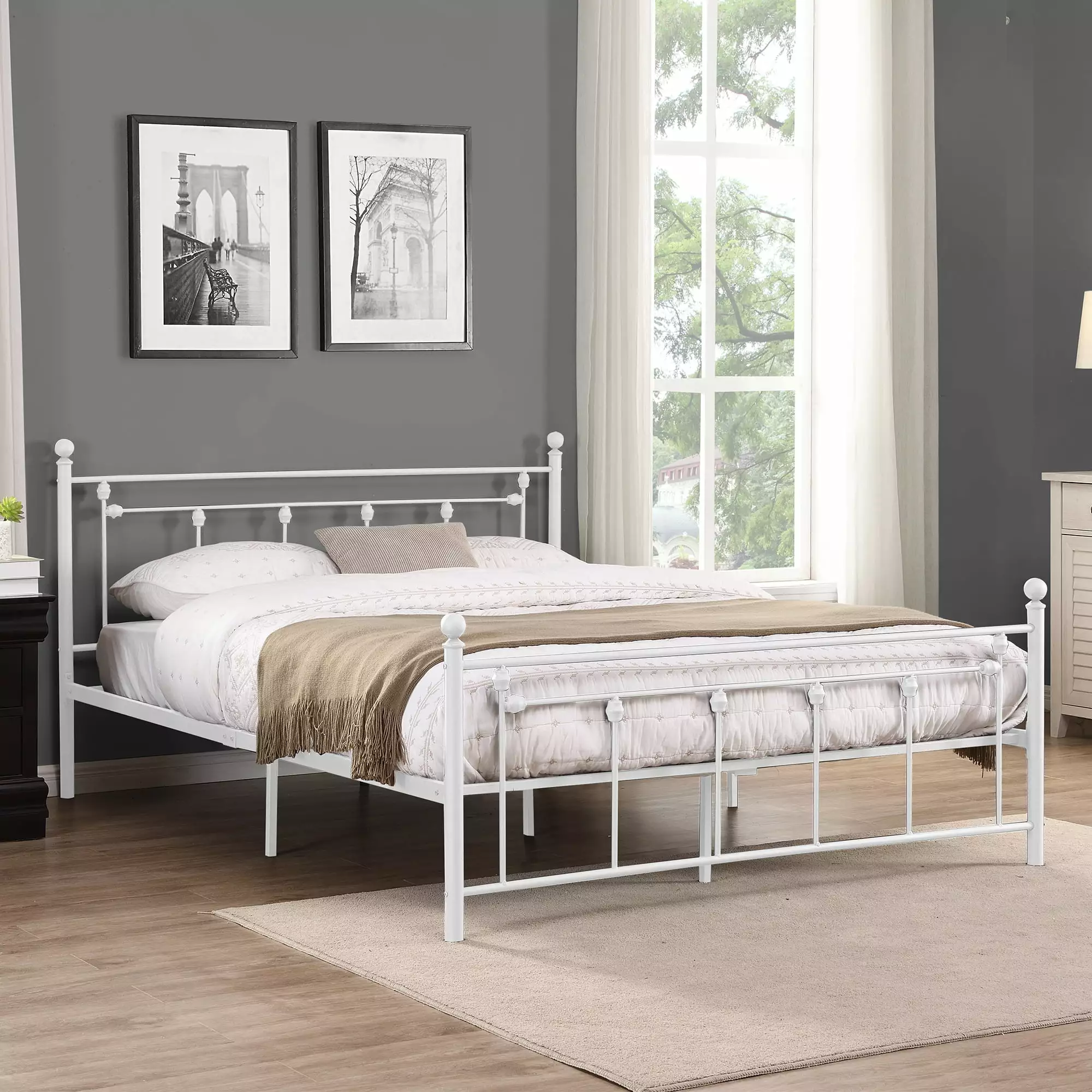 Uhomepro Queen Size Metal Platform Bed Frame Victorian Style Headboard White