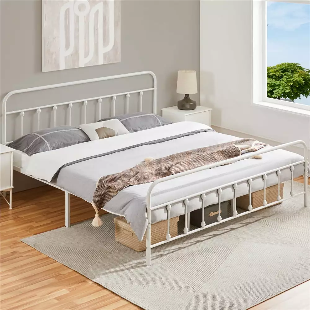 Yaheetech Timeless Iron Platform Bed High Headboard and Footboard California King White