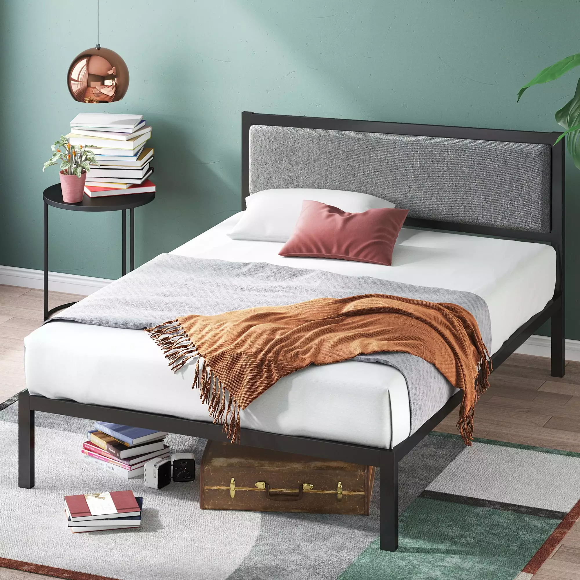 Zinus Korey 38 Inch Metal Platform Bed Upholstered Headboard Queen Size No Box Spring Needed