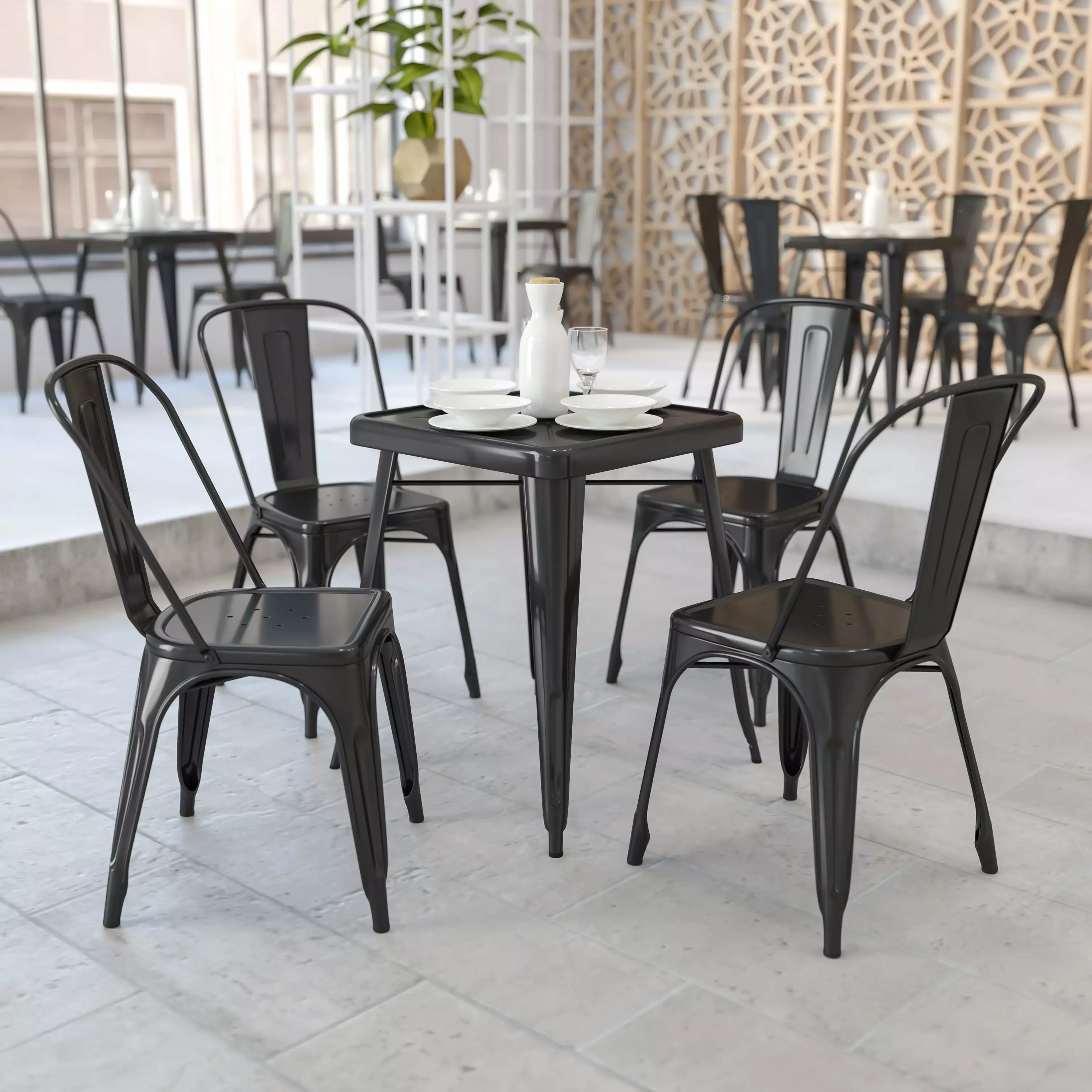 Flash Furniture Commercial Grade 23.75 Square Black Metal Indoor-Outdoor Table Set 2 Stack Chairs