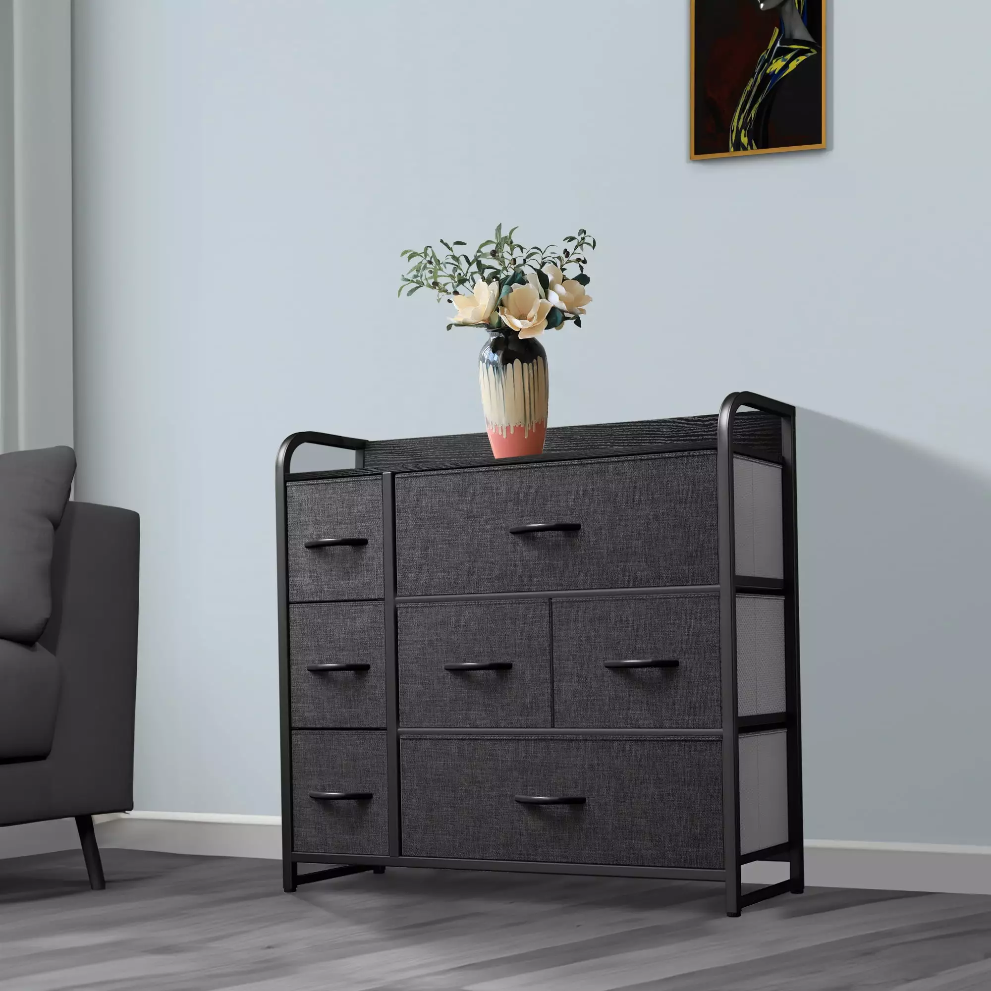 YINTATECH 55 Gallon Metal Wood and Fabric Drawer Chests Black and Gray