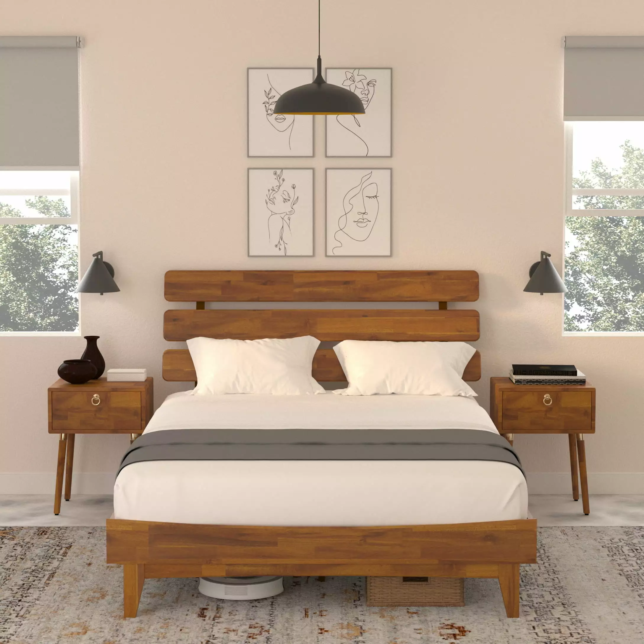BME Dalen 45 Bed Frame Queen Adjustable Headboard Mid-Century Solid Wood Caramel