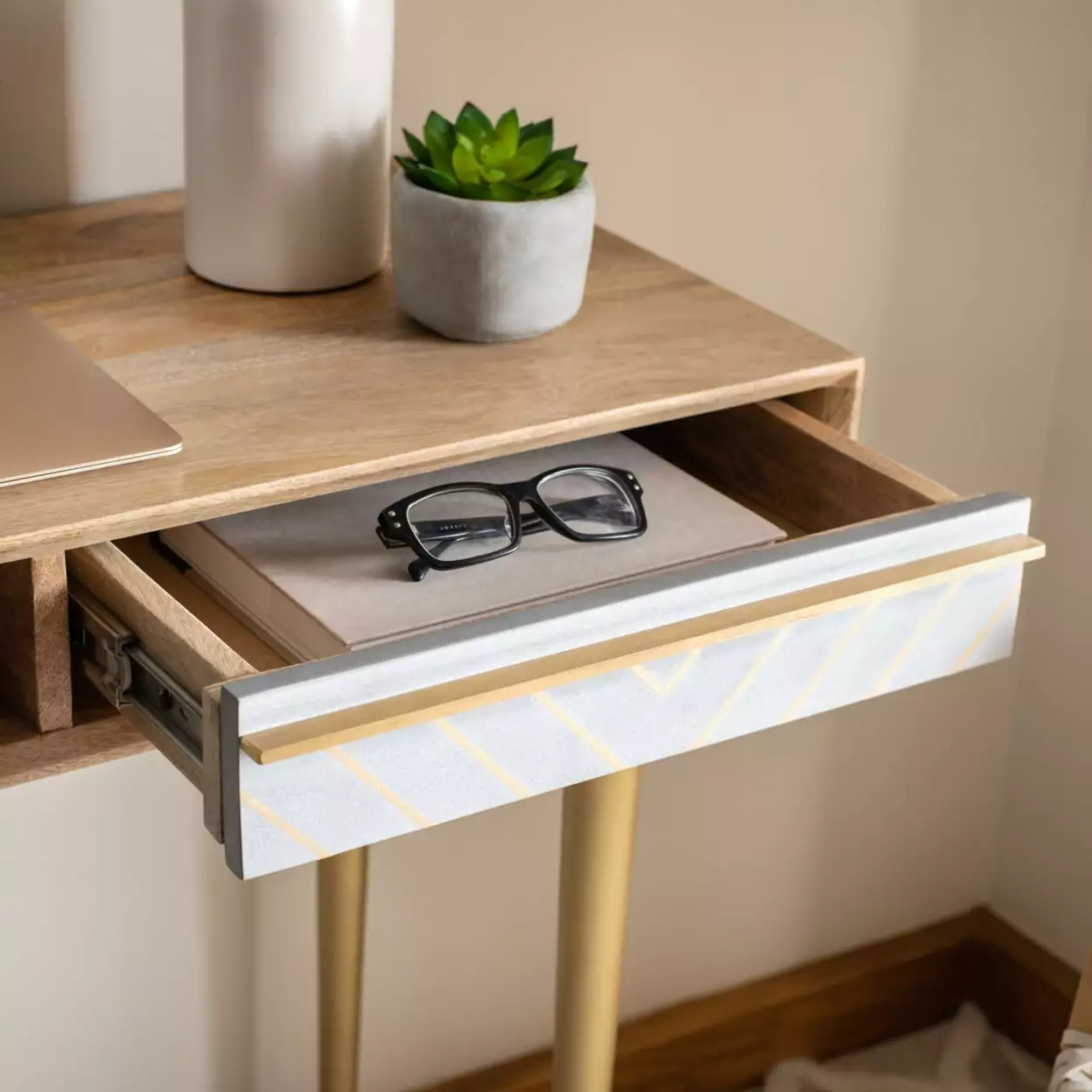 SAFAVIEH Leni Mid-Century Retro Desk Drawer Natural Cement and Brass