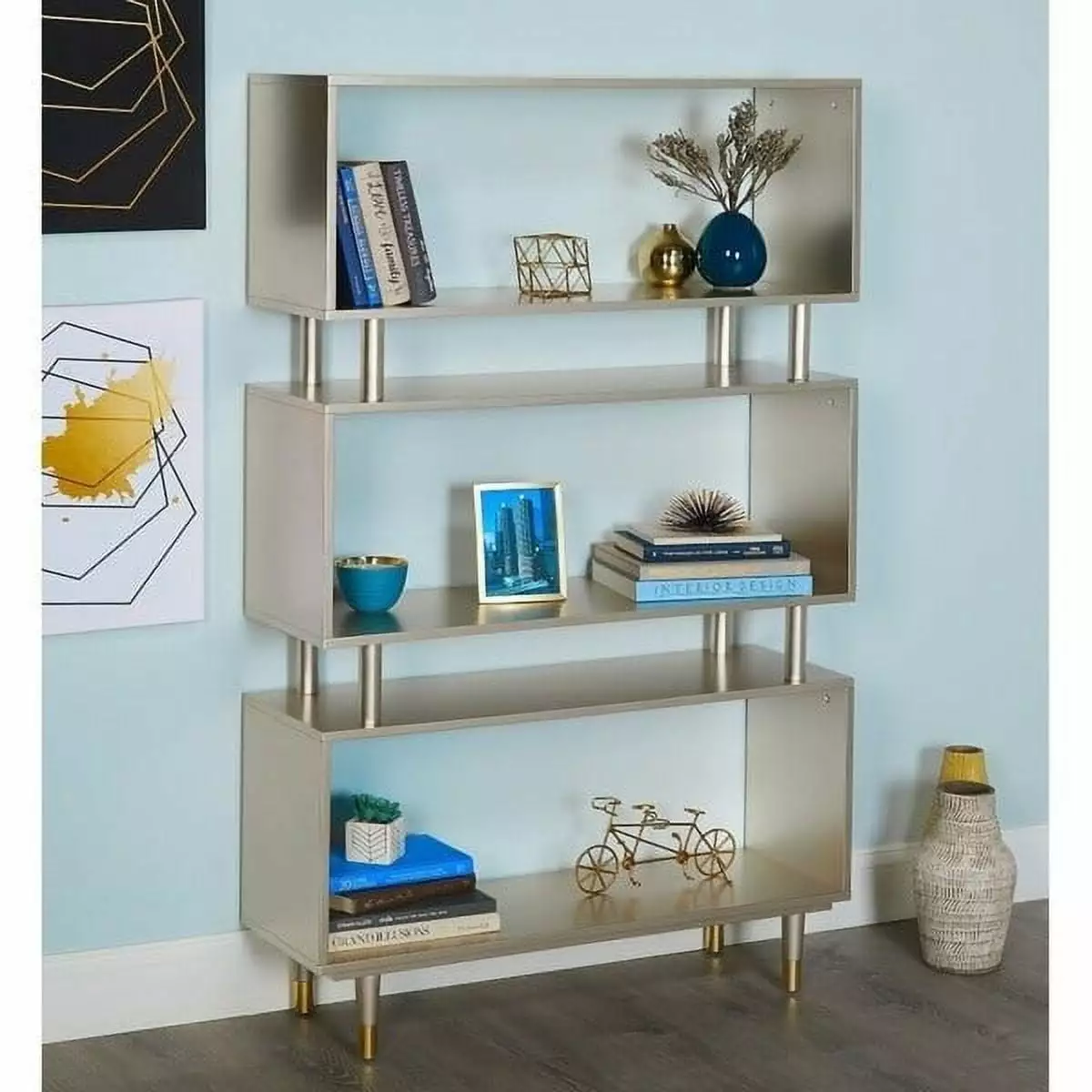 Simple Living Margo Mid-Century Modern 3-Tier Bookshelf Champagne Gold Painted 59.5h x 36w x 11.8d Simple Living Products