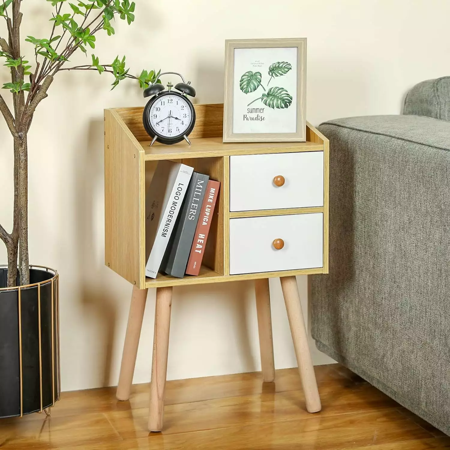 X-cosrack Mid Century Side Table Nightstand 2 Drawers Modern Natural Wood End Table