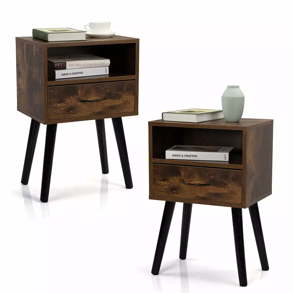 Set 2 Mid Century Nightstands Side Tables Drawer and Shelf Rustic Brown Kadyn