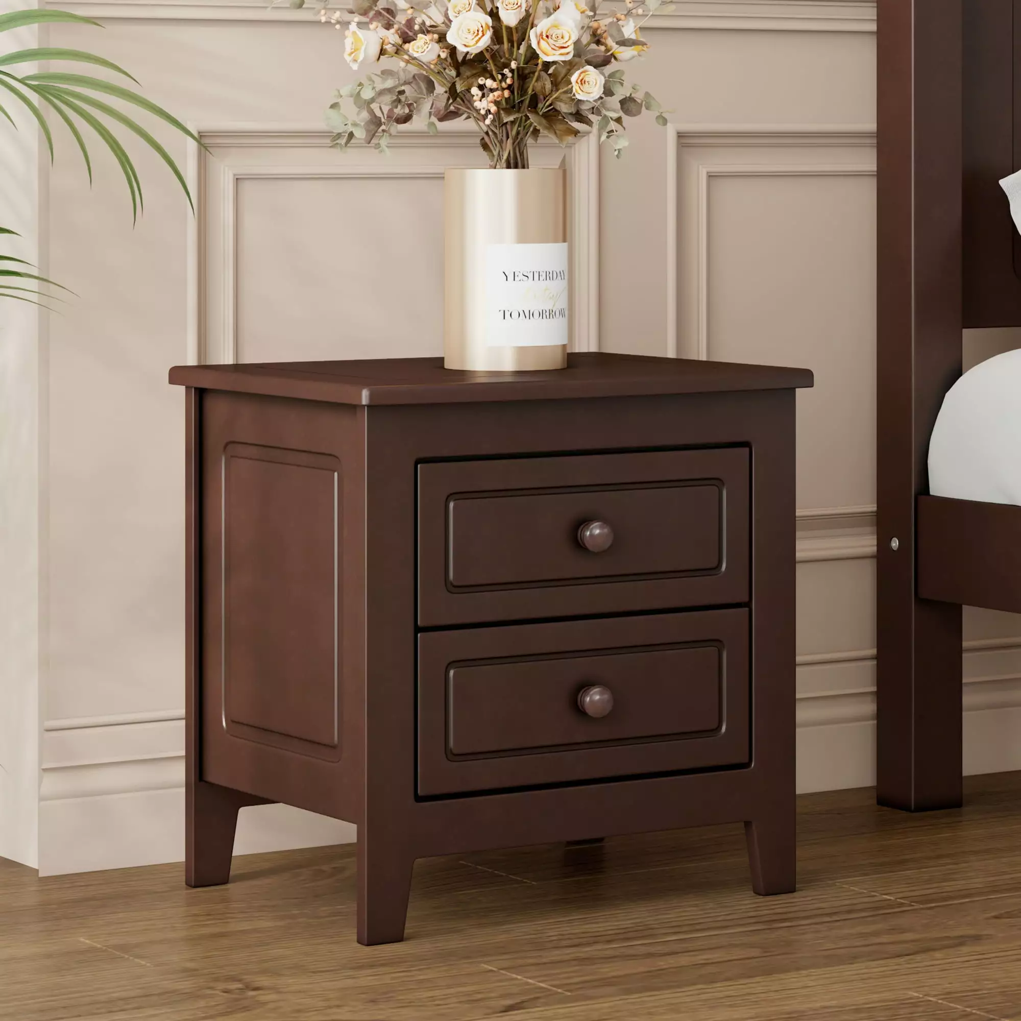 LegaHome Brown Nightstand Mid Century Retro Pine Wood End Table 2 Drawers