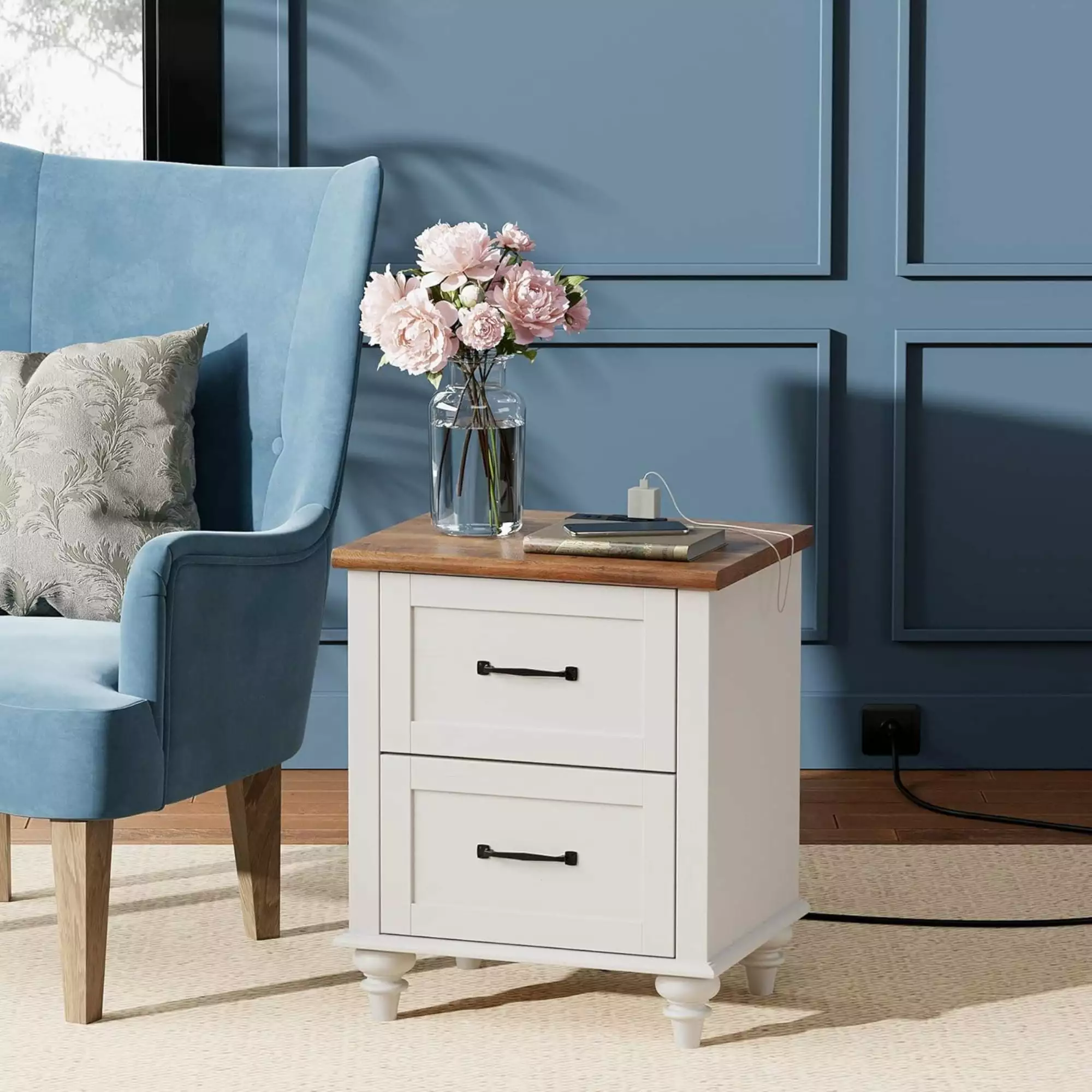 Wooden Nightstand Bedroom Charging Station Mid Century Side Table 2 Drawers Cream White None