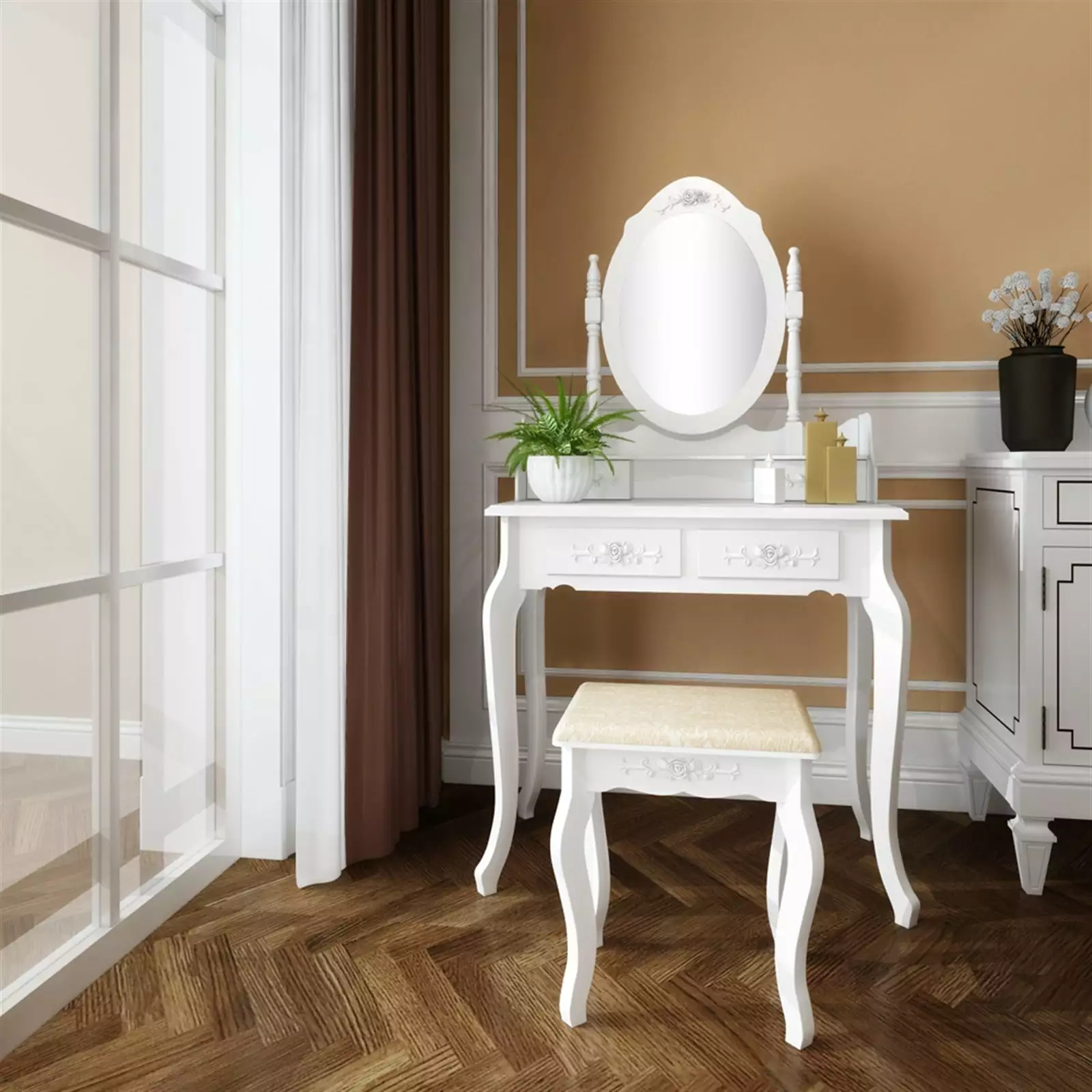 Gzxs Modern 4-Drawer 360-Degree Rotation Mirror Dresser White Removable Drawers