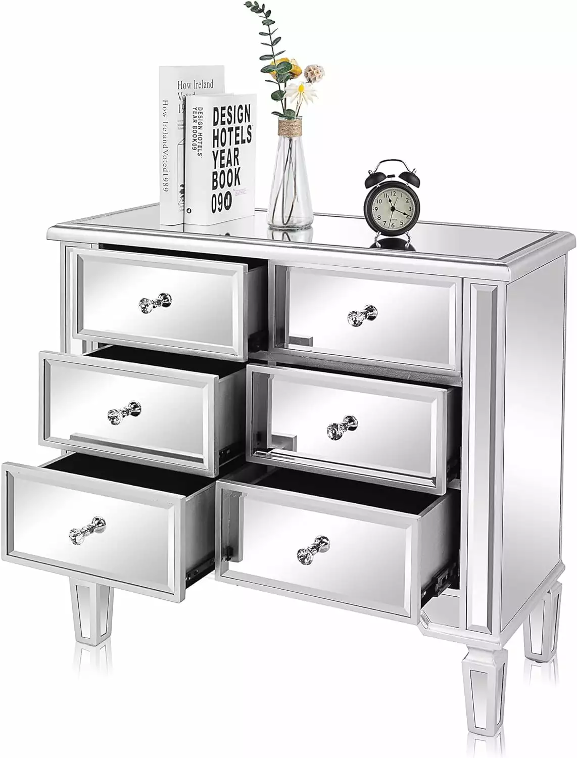 UBesGoo Mirrored Dresser Bedroom - Modern 6 Drawer Chest Drawers Silver Finish