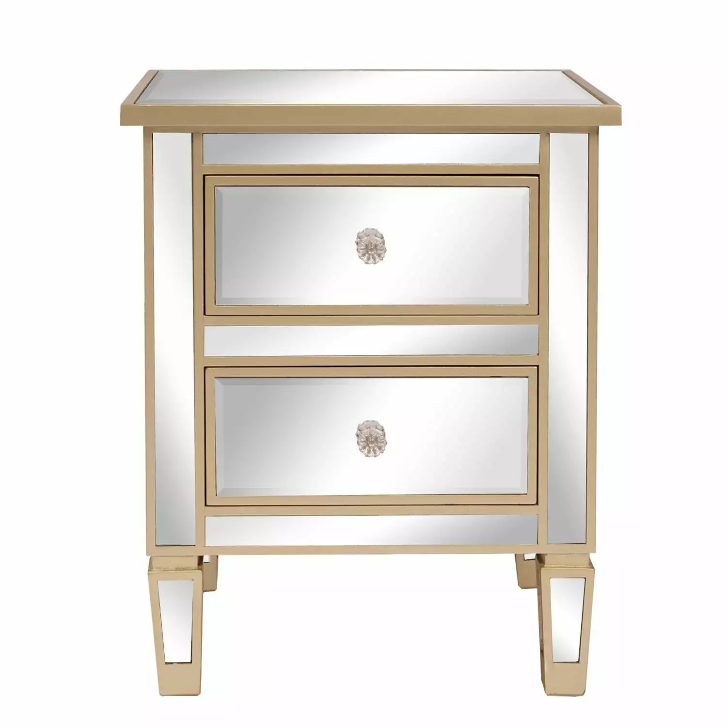 Winado Modern Mirrored Bedside Table 2 Drawers and Glass Top Silver Rose FCH