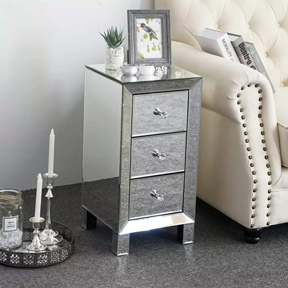 Ktaxon Contemporary Glamour Style Mirrored 3 Drawers Nightstand Bedside Table End Table