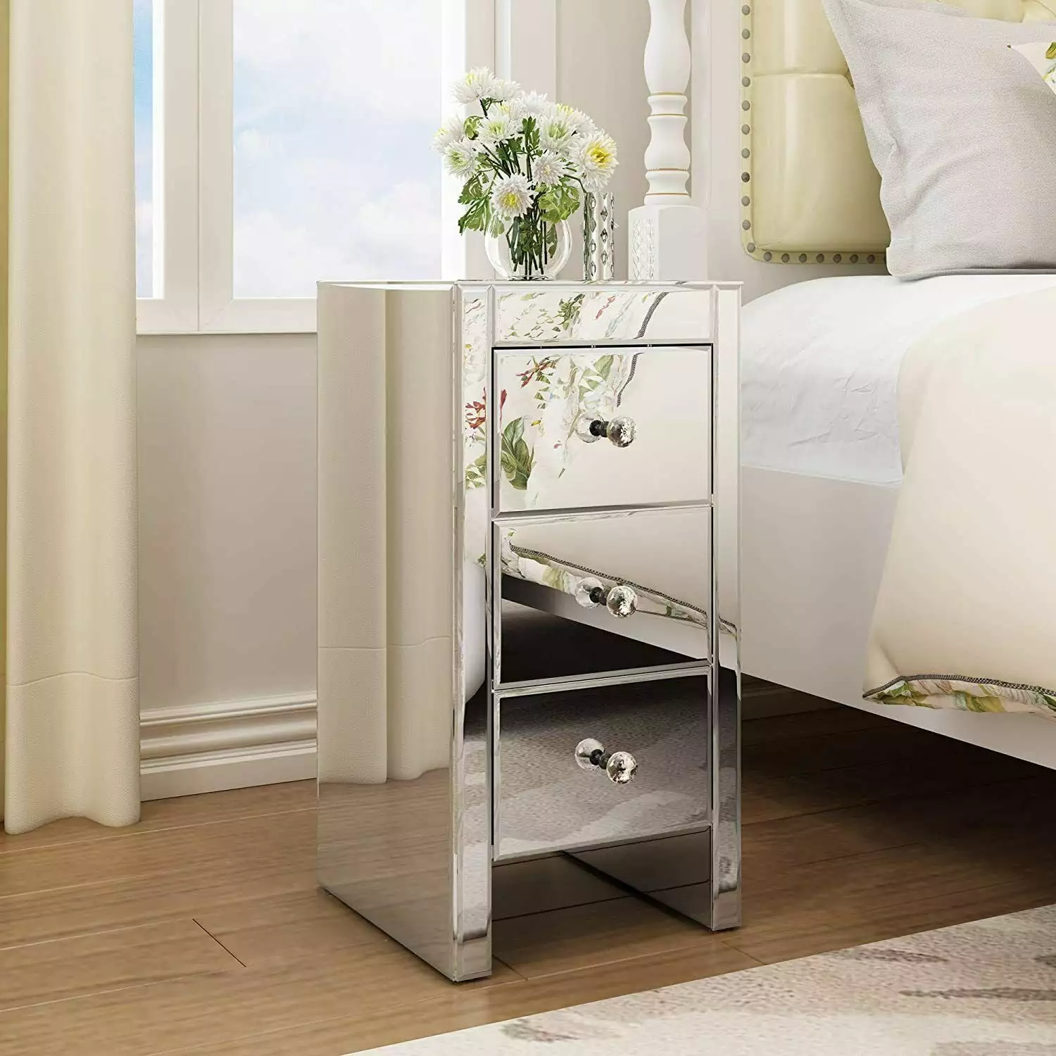 Mirrored Nightstand 3 Drawers Silver Accent Mini End Table Living Room Bedroom LESTHAN8