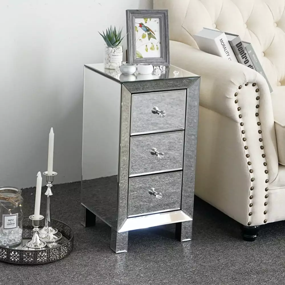 Lowestbest Modern Bedroom Nightstand Table Mirrored 3-Drawers Nightstand Bedside Table