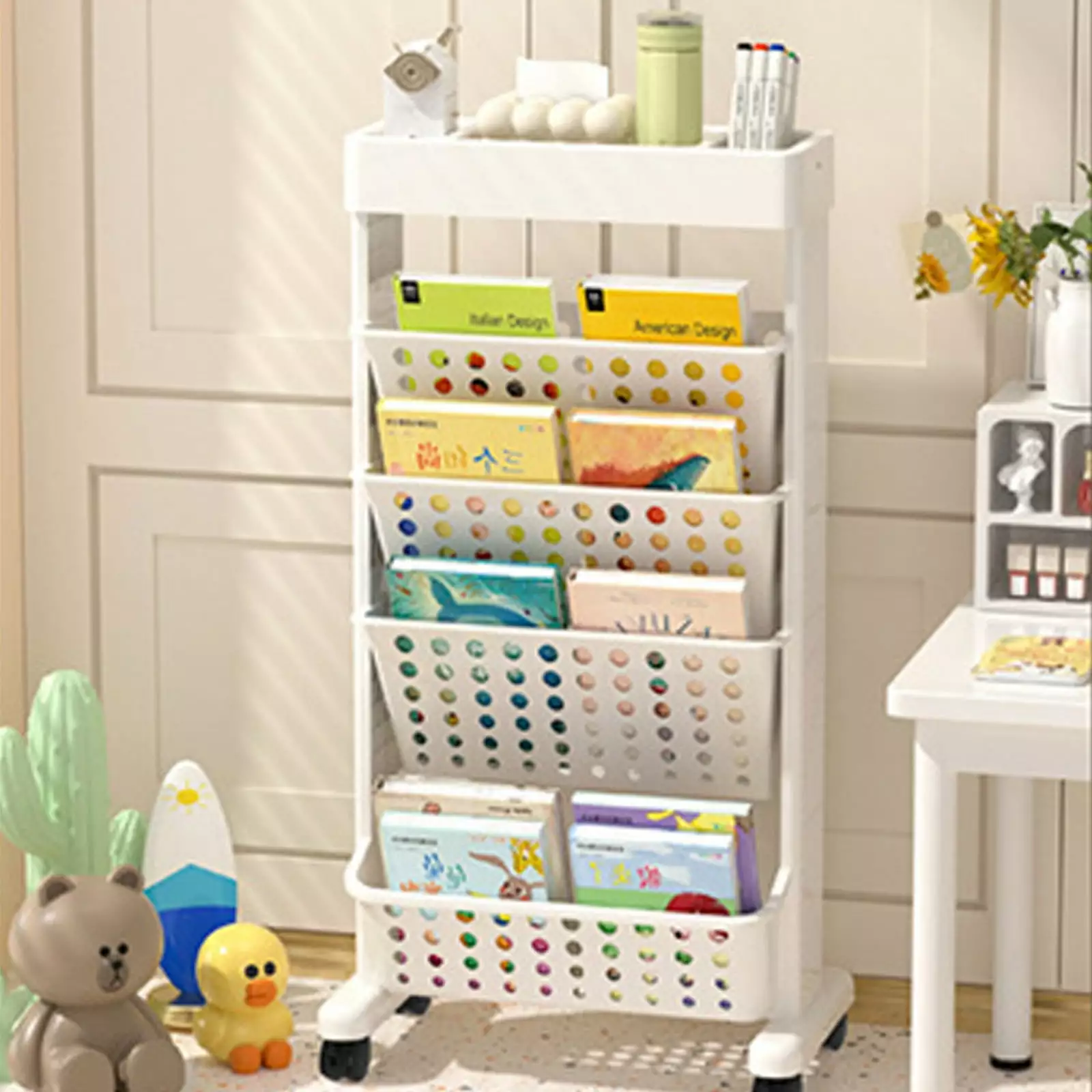 Matoen 5 Tier Detachable Mobile Bookshelf Wheels, Multifunctional Rolling Book Cart Home School Kitchen