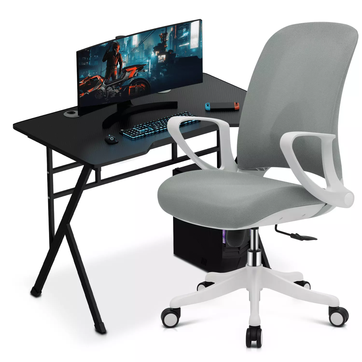 MoNiBloom Travel-friendly Modern Computer Desk Host Rack and Rolling Reception Seat Lumbar Support