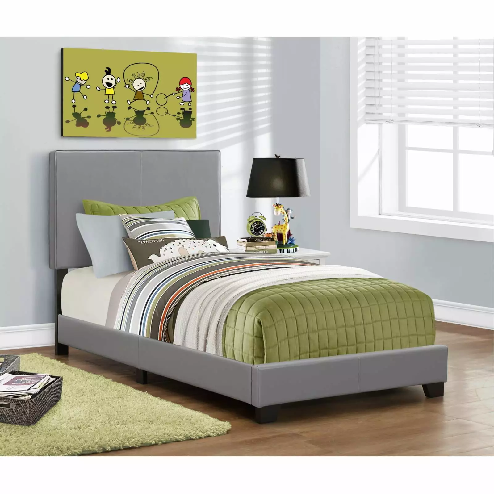 Monarch Specialties Twin Size Grey Leather Look Bed