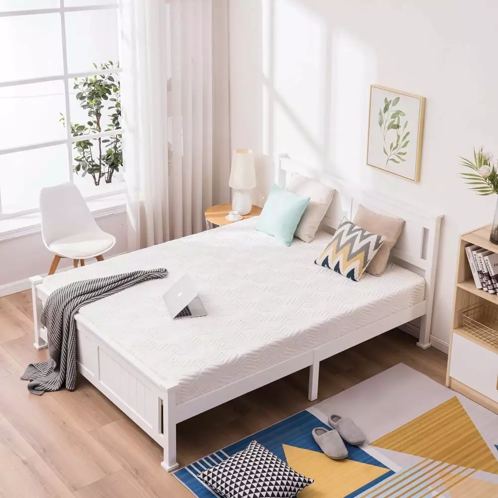 uhomepro Full Bed Frame Modern Platform Bed Headboard and Footboard Wood Slats Support White