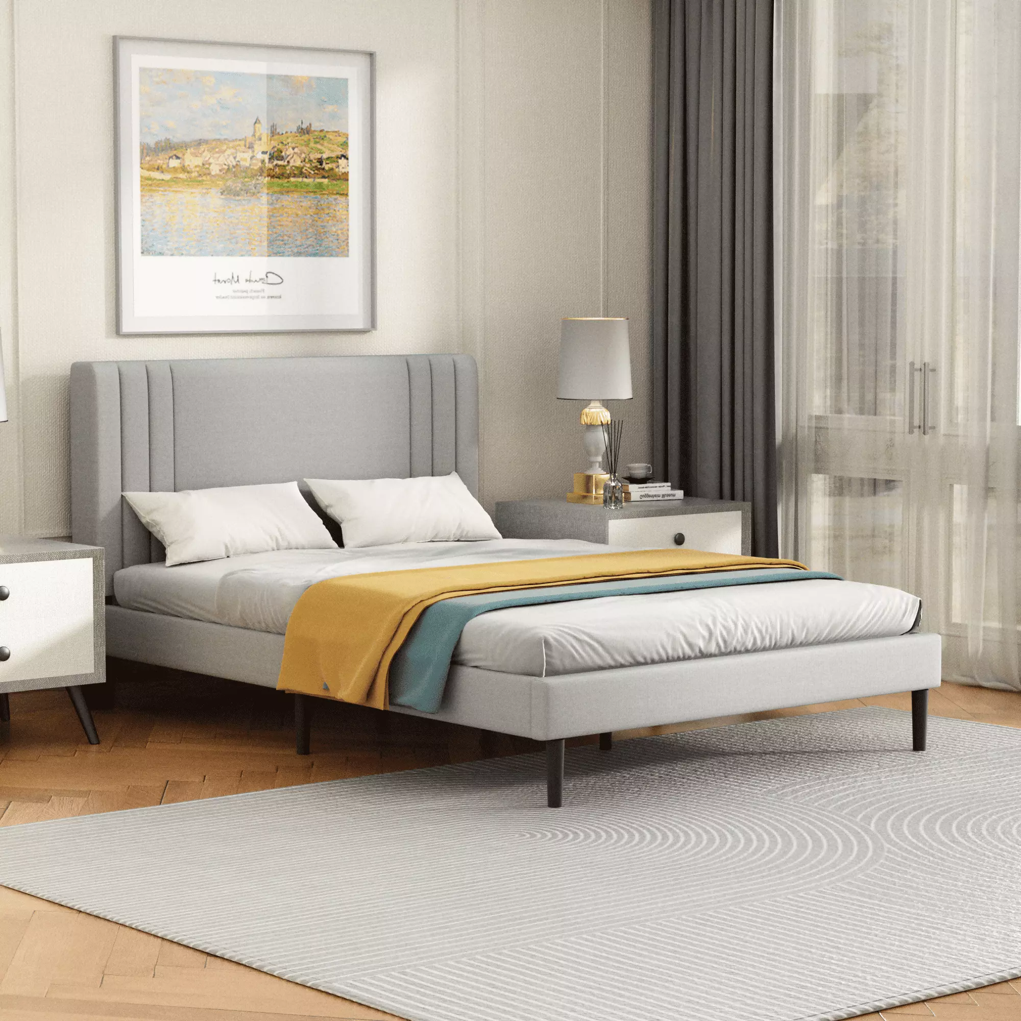 Unizone Full Size Bed Frame Headboard Modern Striped Design Style Light Gray