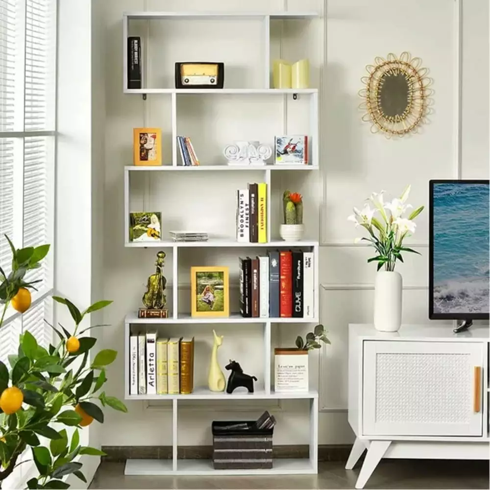 HOMEFORT 6-Shelf Geometric Bookcase White and Black Modern S-Shaped Bookshelf Home Office