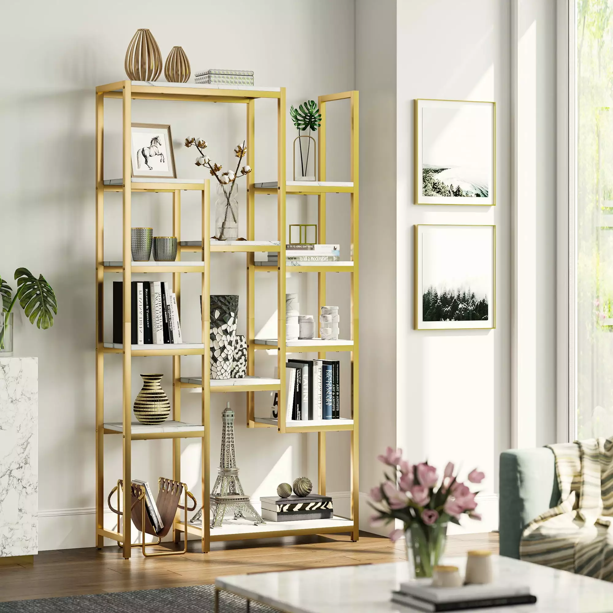 Dextrus 6 Tier Gold Bookshelf 71 Tall Modern Free Standing Bookshelf 12 Shelf Bookcase Faux Marble Open Display Storage Bo...