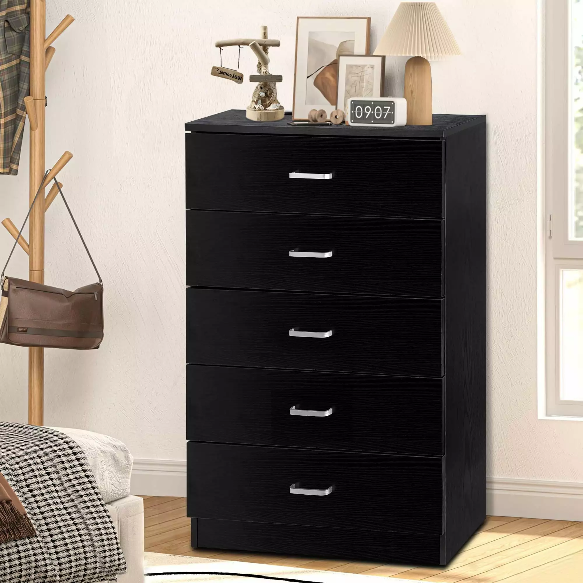 SYNGAR Black 5 Drawer Dresser Modern Storage Cabinet Bedroom Living Room