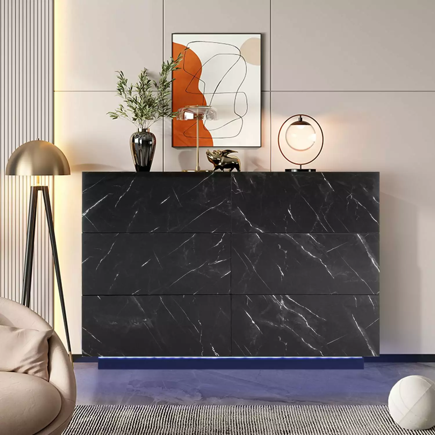 Eclife Modern 6 Drawers Chest Wood Colorful LED Lights Auto Eject Drawers Reflective Marble Face Adult Bedroom Furniture