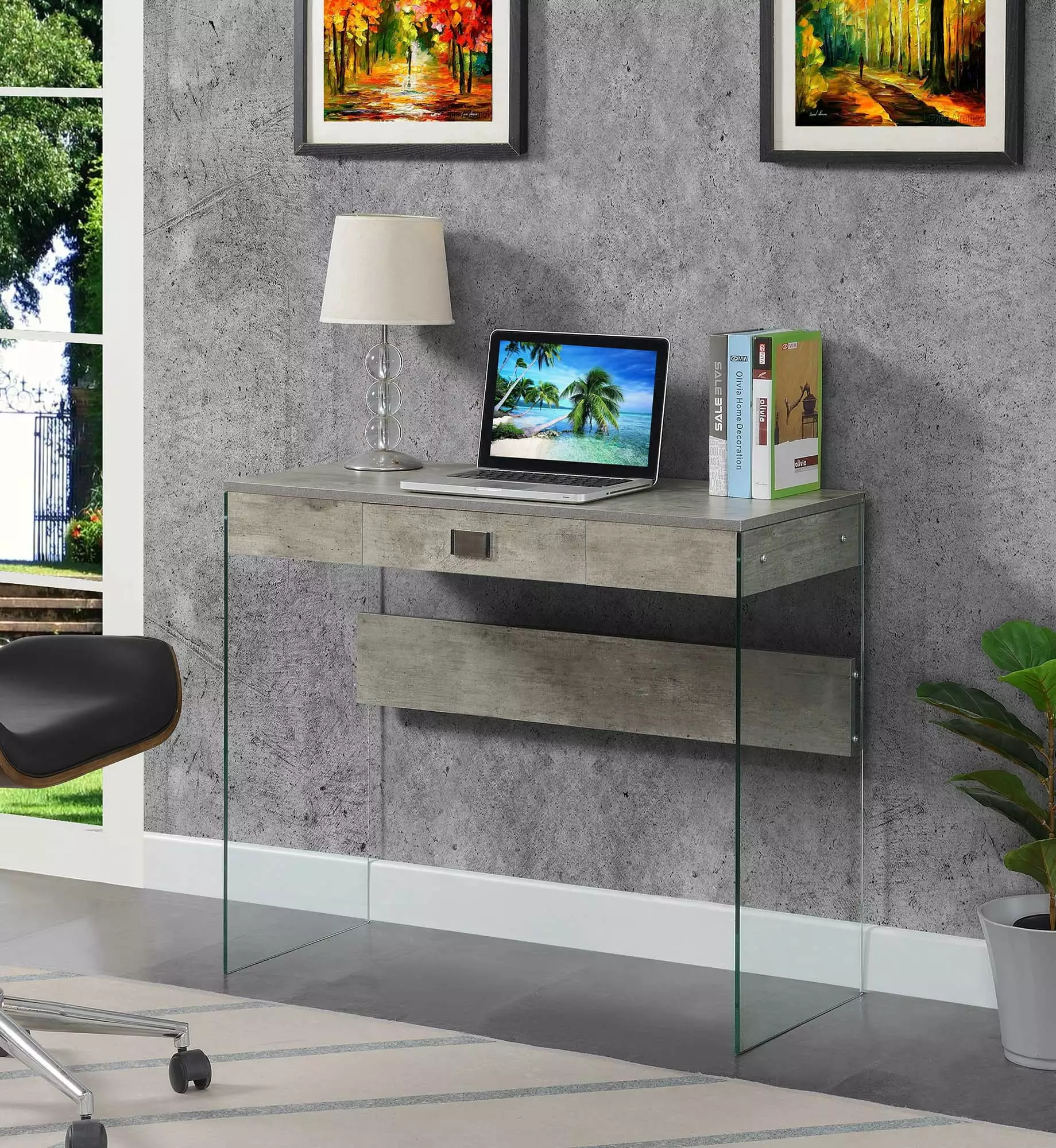 Convenience Concepts SoHo 36 Inch Tall Glass Desk Faux Birch Finish