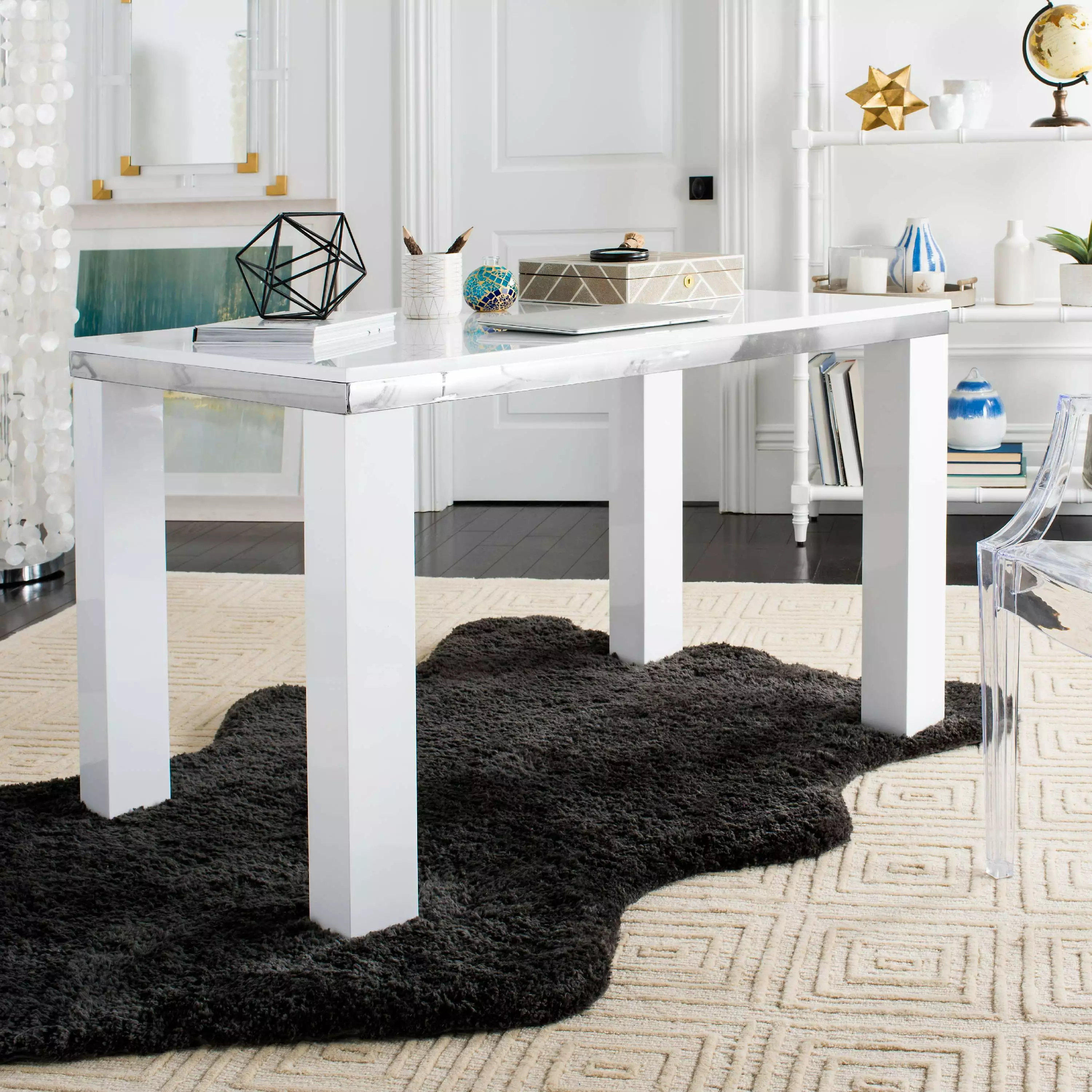 SAFAVIEH Enos Modern Lacquer Wood Desk White and Chrome Contemporary Office