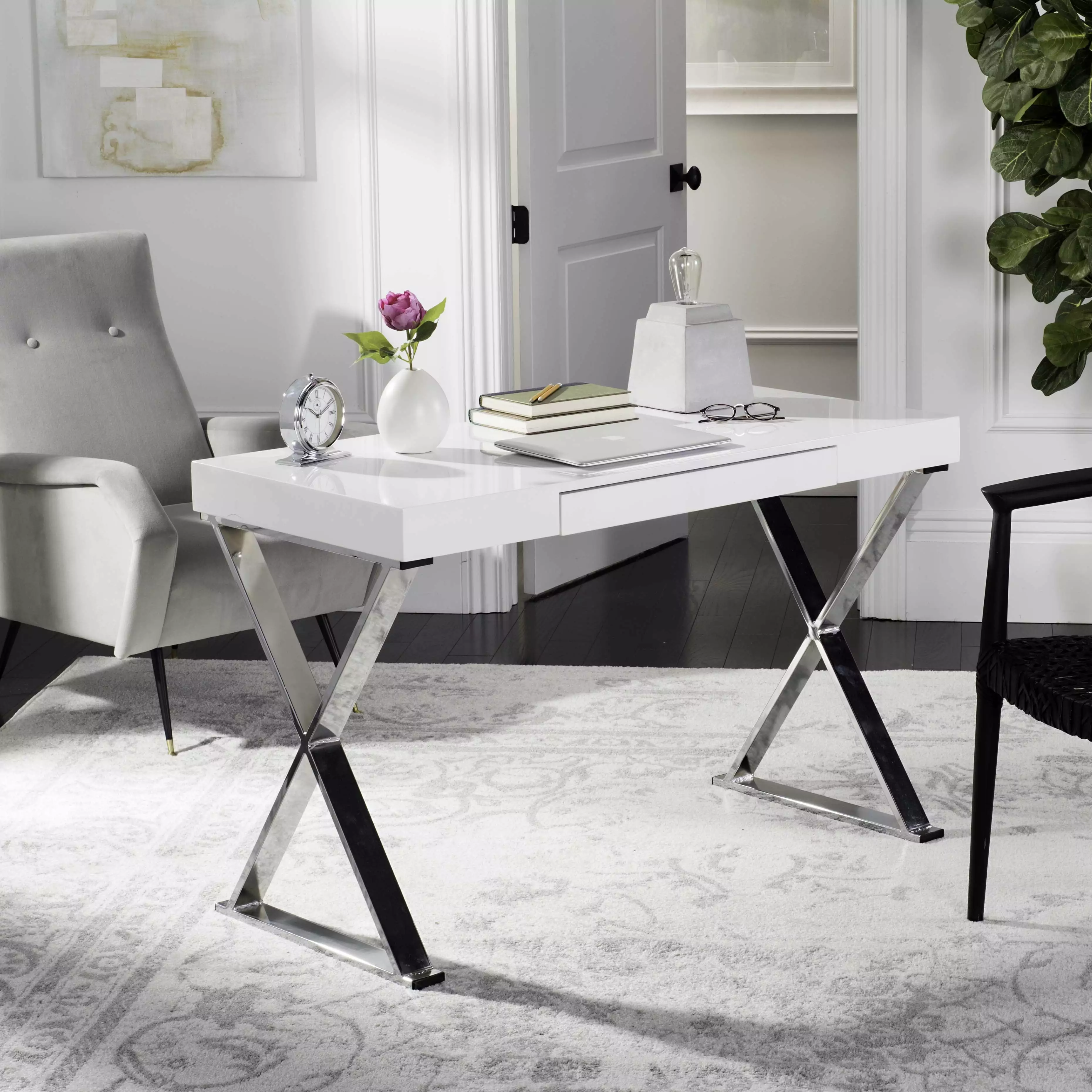 SAFAVIEH Paley Modern Glam Lacquer Chrome Desk Pull-Out Drawer White