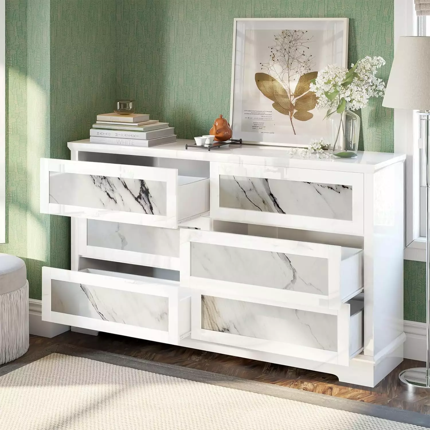 White High-Gloss 6 Drawer Dresser AMERLIFE - Modern Marble Chest Drawers No Handles