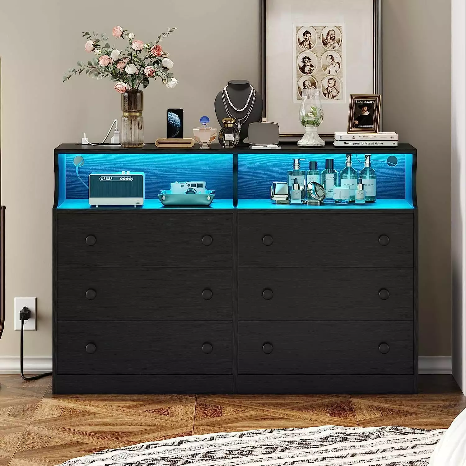 AOGLLATI 6 Drawer Dresser LED Lights and Charging Station - Modern Black Dresser Bedroom