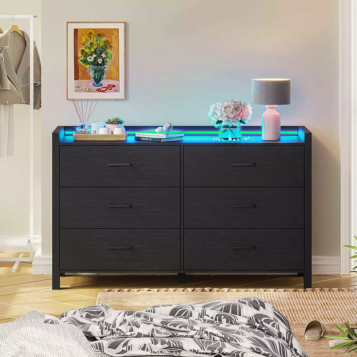 Black Dresser Bedroom 6 Drawer Double Dresser LED Lights Modern Wood Chest Drawers AOGLLATI