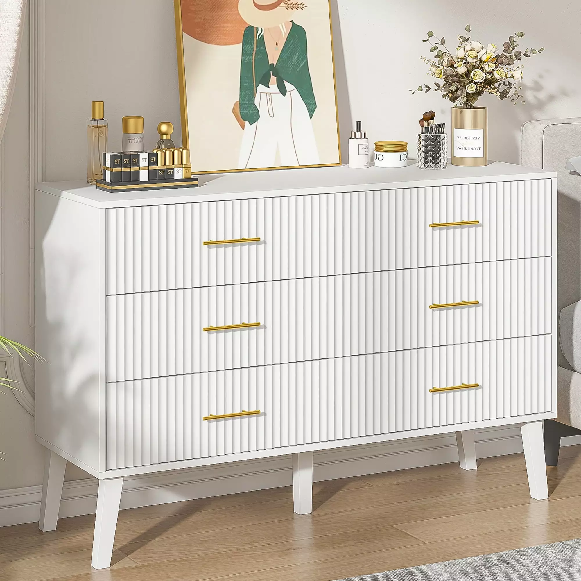 Accent 6 Drawer Dresser Modern Closet Dresser Fluted Panel Living Room Bedroom Diubas