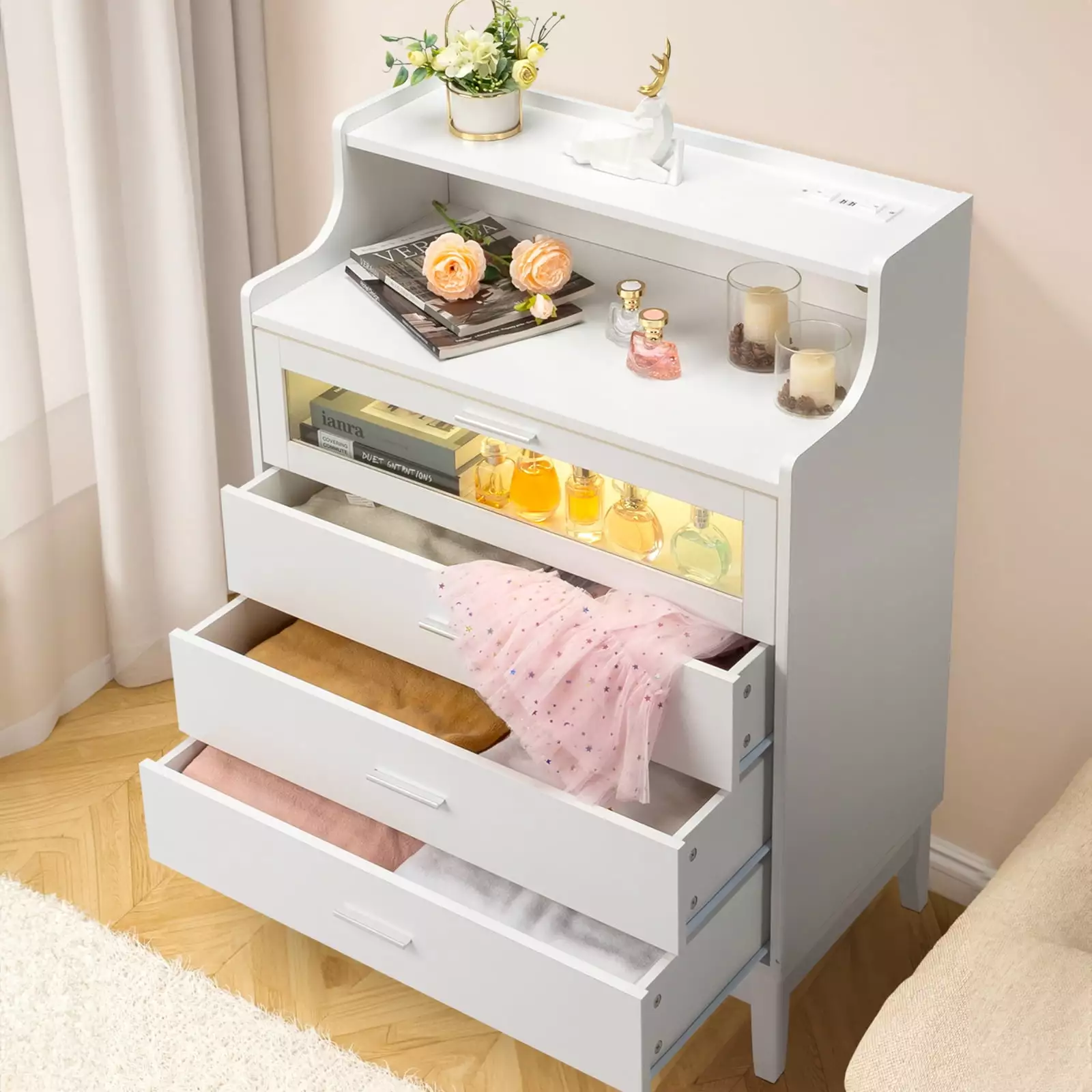Ktaxon 4 Drawer Dresser LED Lights and USB Charging Station White FCH