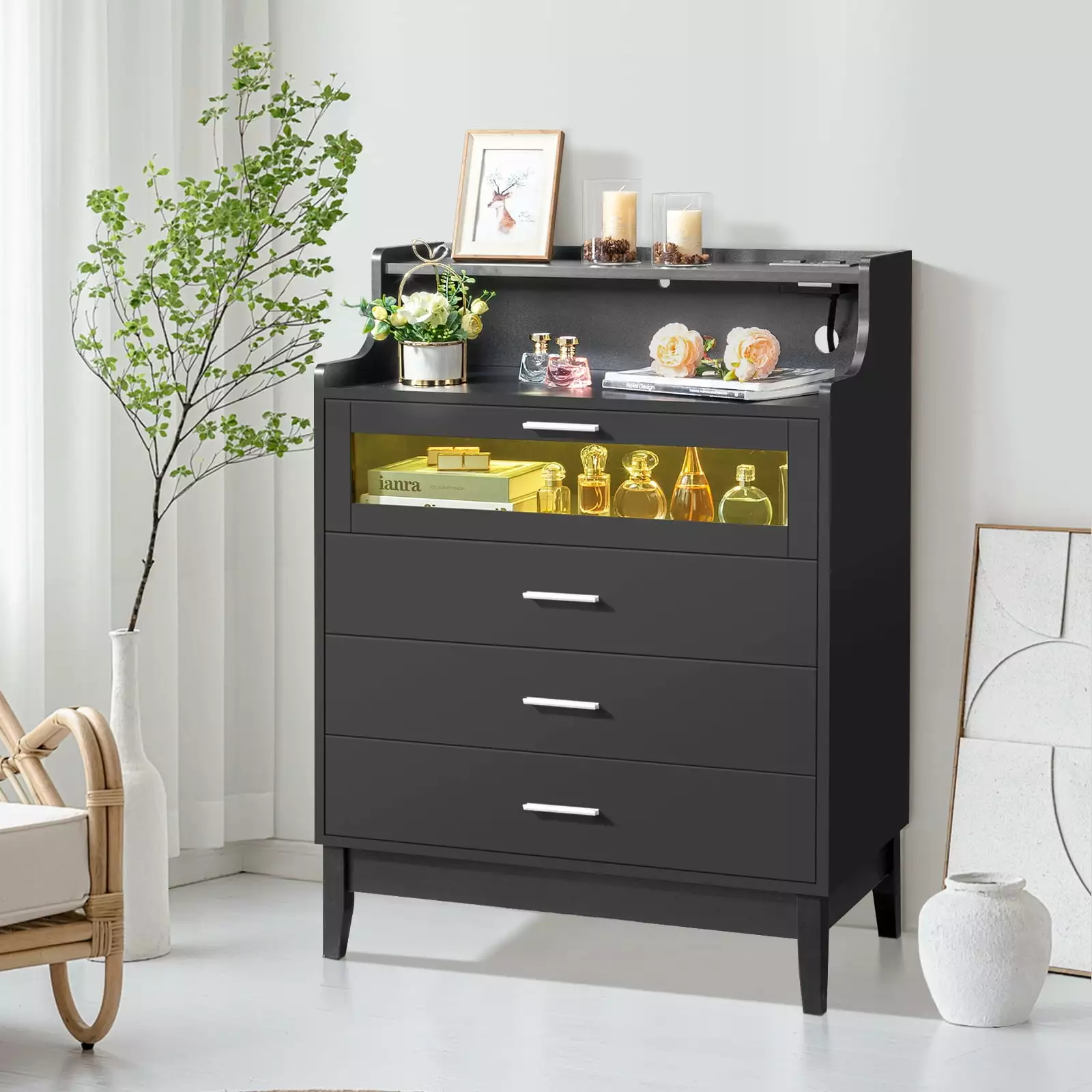 UBesGoo Black 4-Drawer Dresser LED Lights Charging Station Bedroom Living Room Hallway FCH