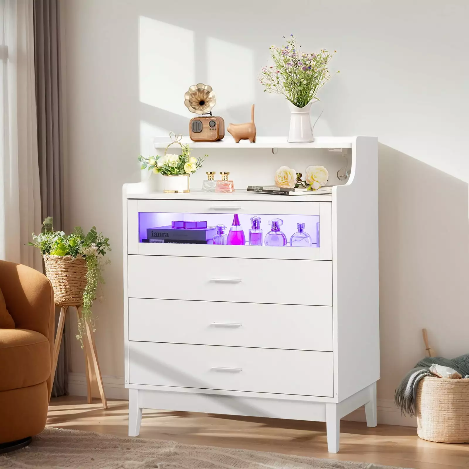 UBesGoo White 4 Drawer Dresser LED Lights and Charging Station Bedroom Living Room FCH