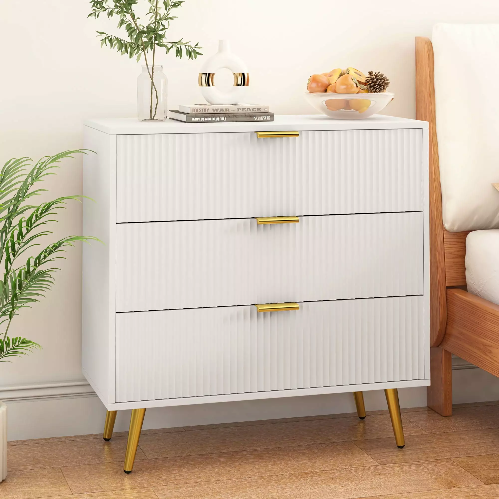 Modern Fluted 3-Drawer Dresser Wood Chest Drawers Bedroom Living Room Hallway Fiogmub