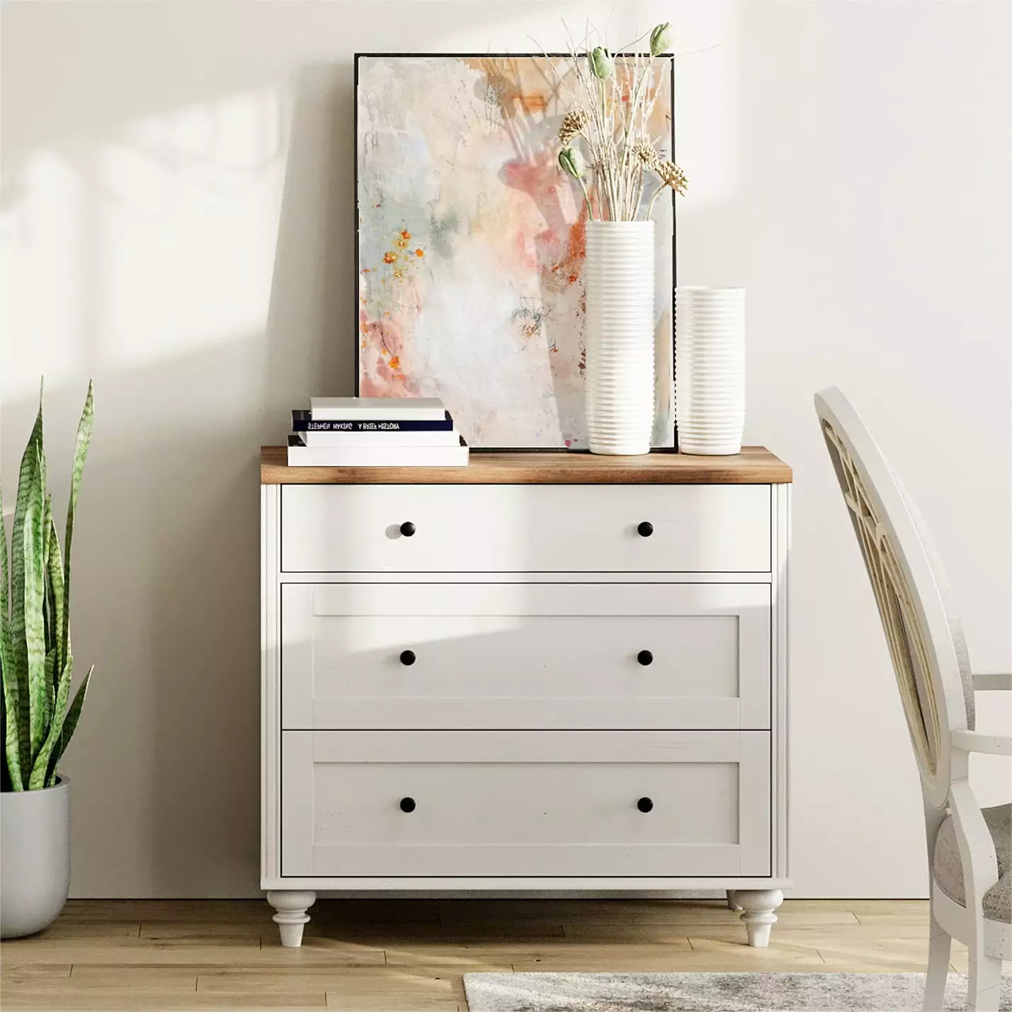 3 Drawer Dresser Bedroom - White Kids Dresser Mid Century Modern Wood Closet Storage FITUEYES