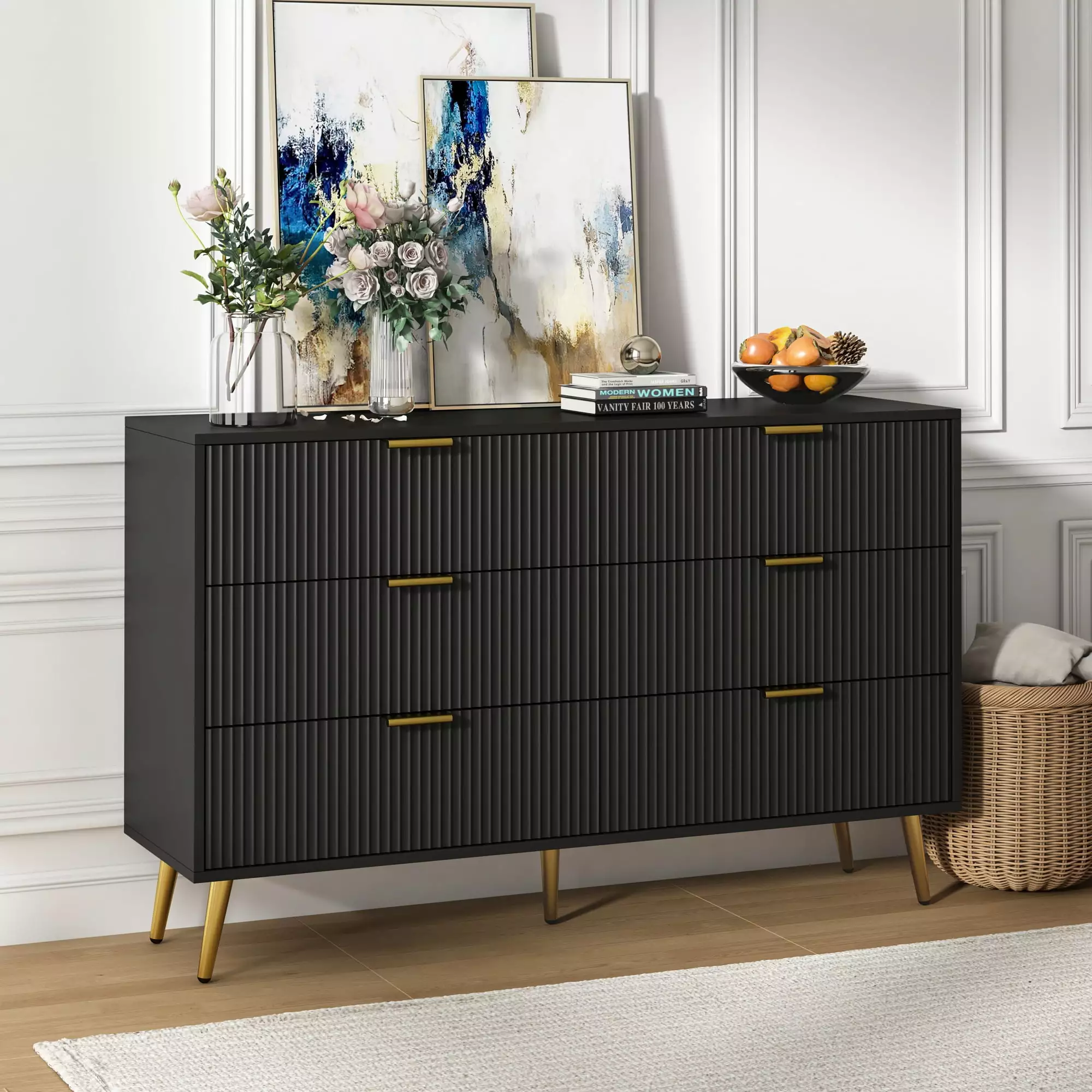Fluted 6 Drawer Dresser Double Chest Closet and Hallway Storage Furtivusia