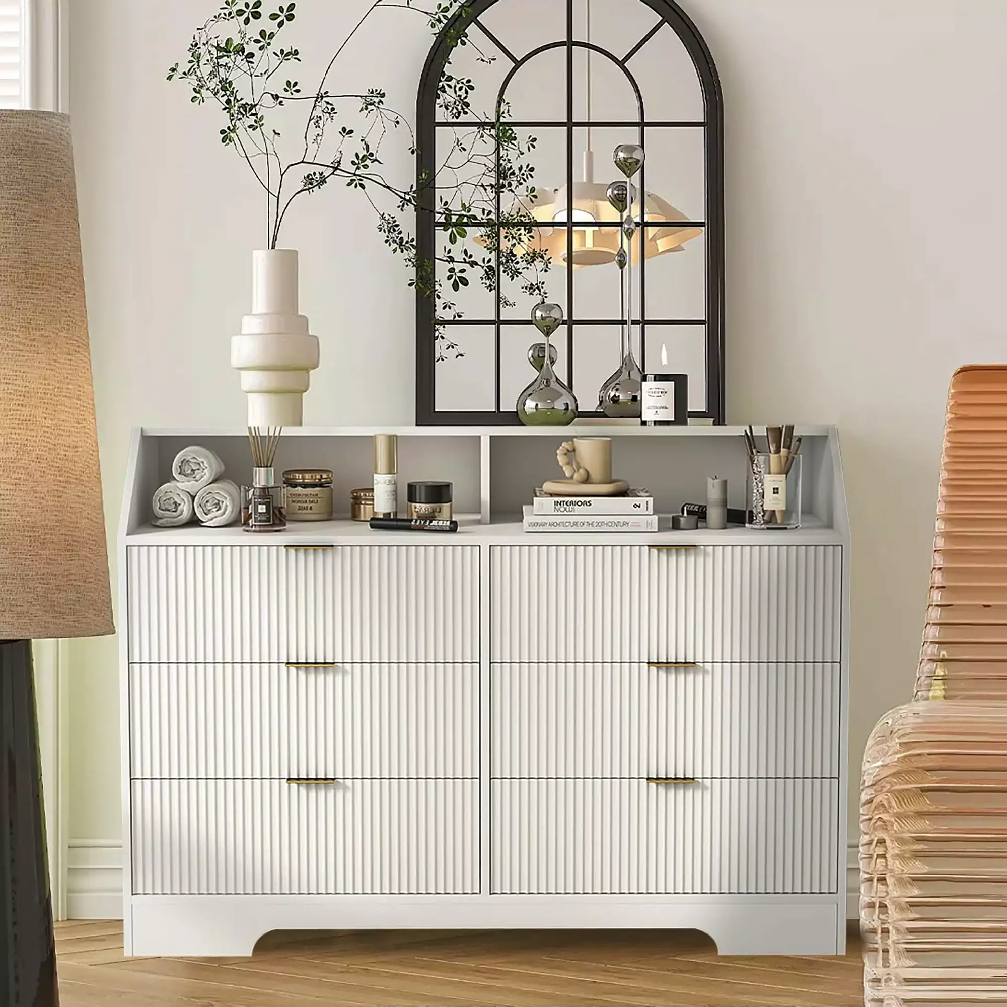 Furtivusia White 6 Drawer Dresser Charging Station and Fluted Design