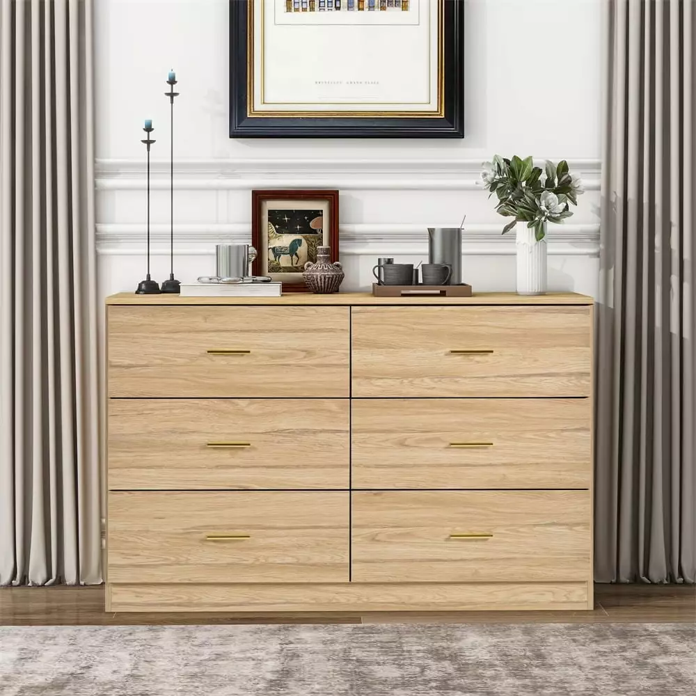 Modern 6-Drawer Dresser Natural Chest Drawers Ample Storage Bedroom Living Room HeroicLion