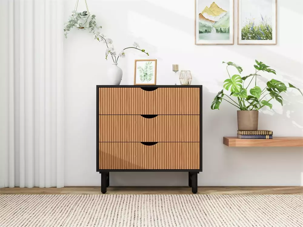3 Drawer Dresser Modern Closet Dresser Waveform Panel Wood Storage Bedroom Living Room HOMIQUEEN