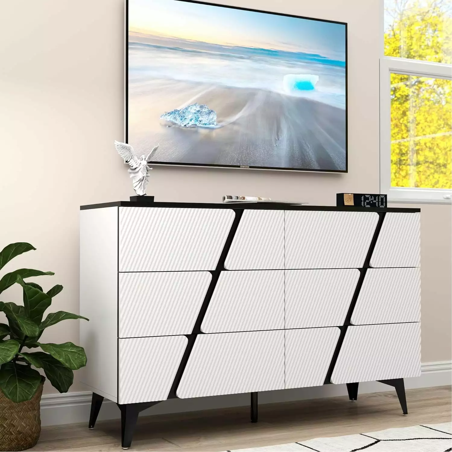 Howcool White 6 Drawer Dresser Chests Drawers Twill Modern Handle-Free Dresser