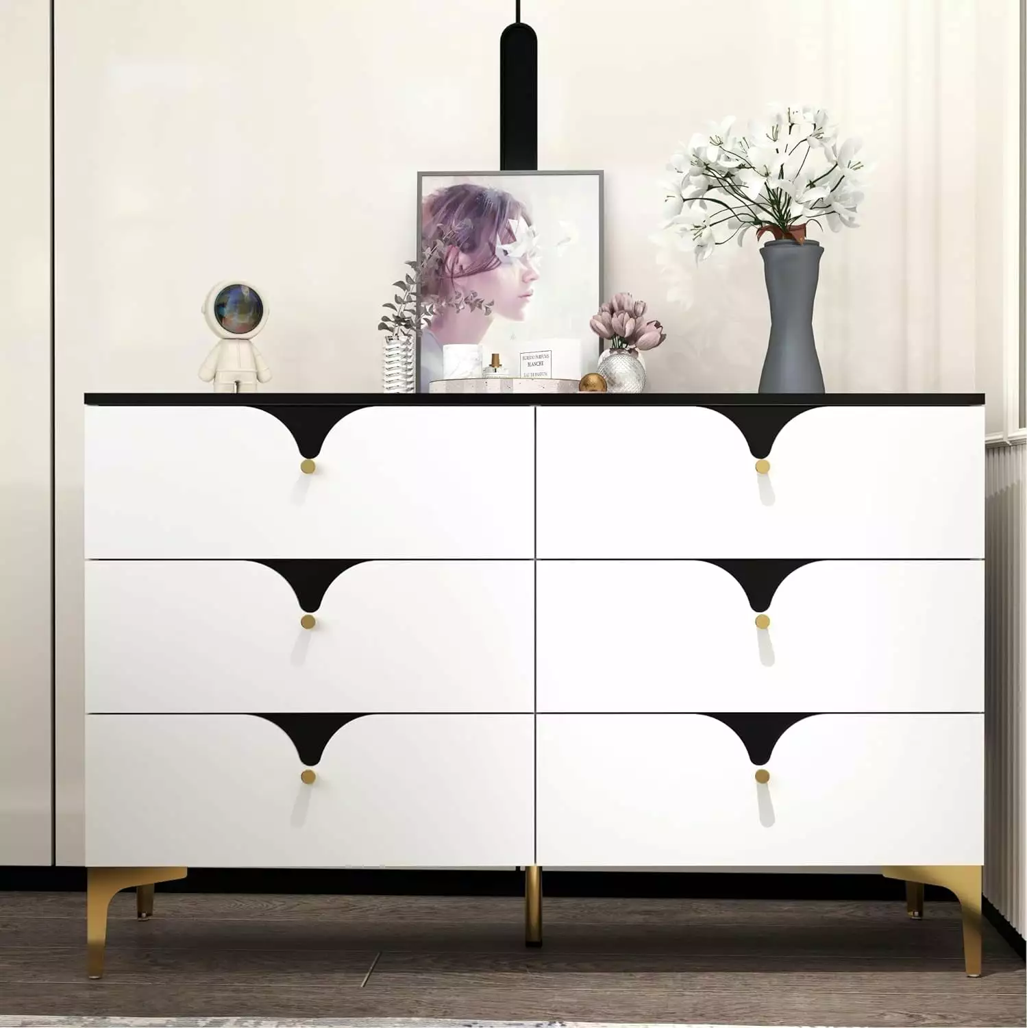 Howcool White 6 Drawer Dresser Gold Handles - Modern Chest Drawers Bedroom Living Room